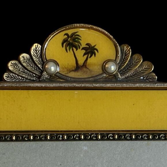 Photo Picture Frame Yellow Enamel Palm Trees Tropical Faux Pearls Gold Tone 4x6” - Picture 3 of 5